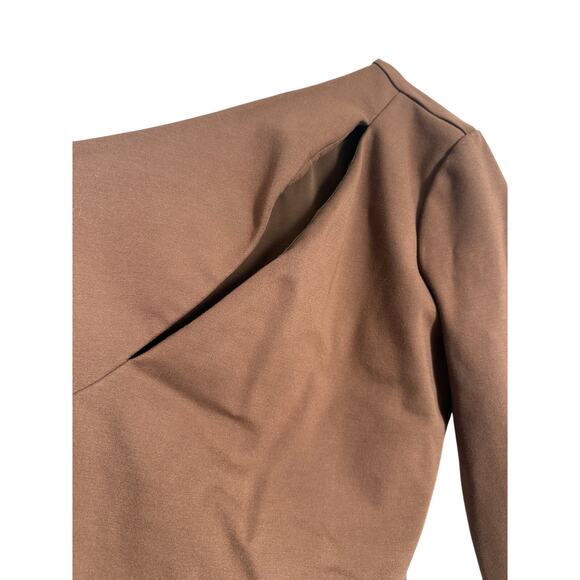 NBD Brown Size Medium Aaliyah Bodysuit Stretch Asymmetrical Sleeve Cutout Nude - Picture 4 of 15